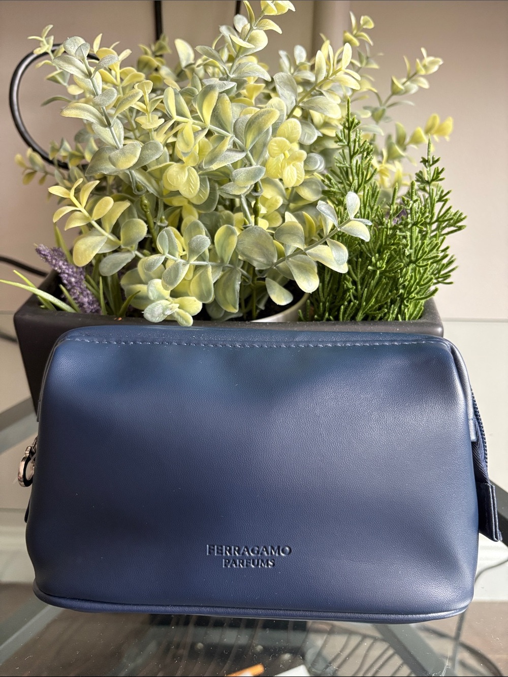 Salvatore Ferragamo Navy Blue Leather Cosmetic Pouch